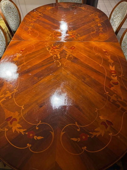 Extended vintage dinner table with 10 large dining chairs excellent condition