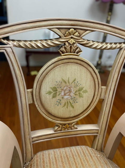 Antique white French dinning table with 6 matching chairs with glass top