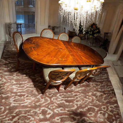 Elegant Vintage Dining Table with Intricate Inlay with 8 large chairs