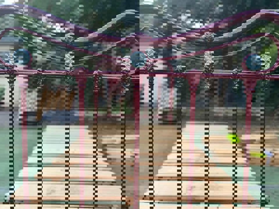 Antique steel single bed frame with wheels solid timber slats and