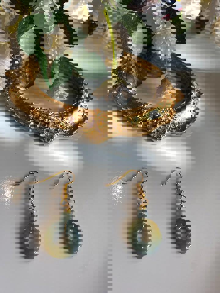 A grade Green jade earrings in gold plated silver set