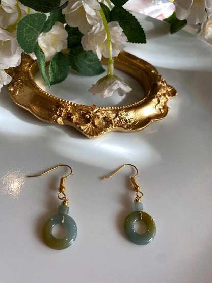 A grade Green jade earrings in gold plated silver set