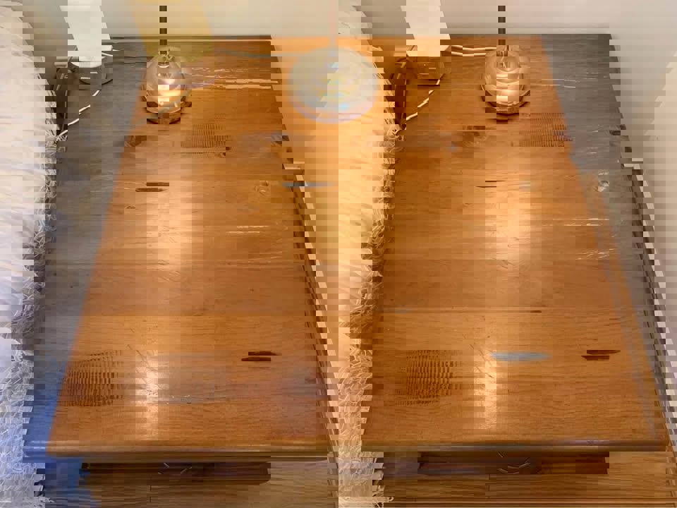 Large thick rustic wooden coffee table tv unit sideboard and a pair matching corner tables