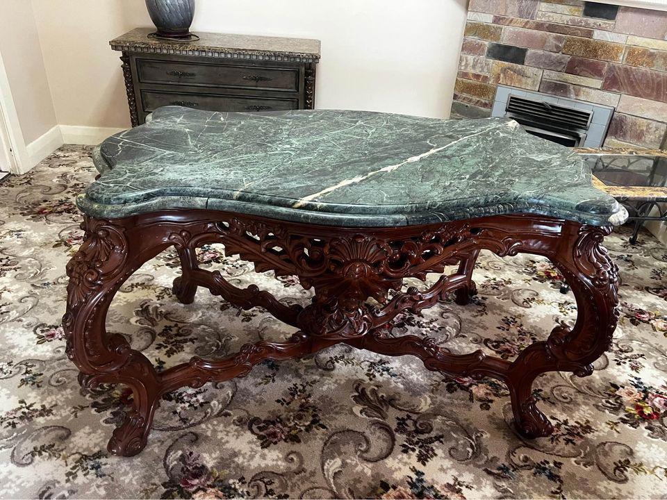 Mahogany Wood HandCarved GetrudeHall/ConsoleTable/center table Marble 88x145x87h