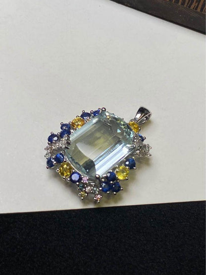 18k gold 12.15ct aquamarine with diamonds and sapphire pendant with certificate