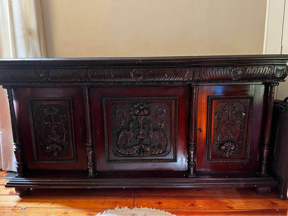 Impressive very large antique wall unit display cabinet mahogany 330x200x60cm hand carved