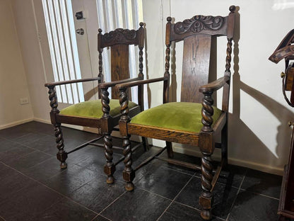 A pair of Antique solid timber chair excellent condition green velvet