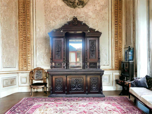 Impressive very large antique wall unit display cabinet mahogany 330x200x60cm hand carved