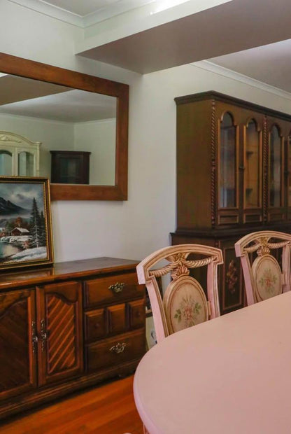 Antique white French dinning table with 6 matching chairs with glass top