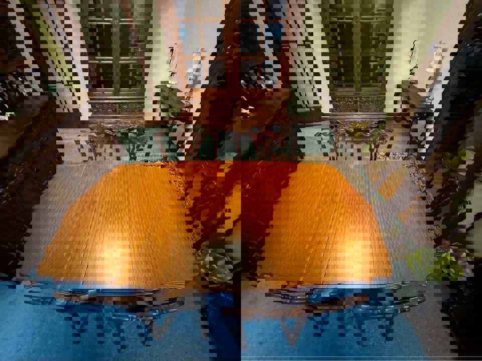 Vintage Dinning table extendable $150 with 6 refurbished leather chairs $100 each