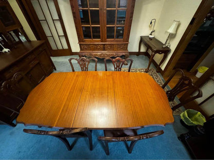 Vintage Dinning table extendable $150 with 6 refurbished leather chairs $100 each