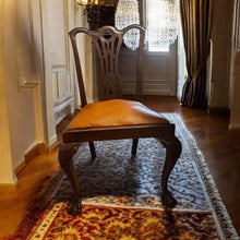 Load image into Gallery viewer, 6 Vintage walnut hand caved dinging chairs refurbished leather seats strong and firm new condition
