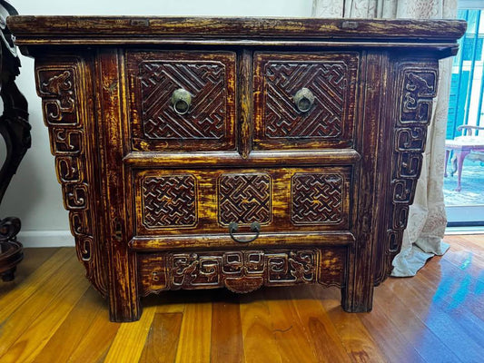 Antique Handcrafted Wooden Chest with Intricate Carvings