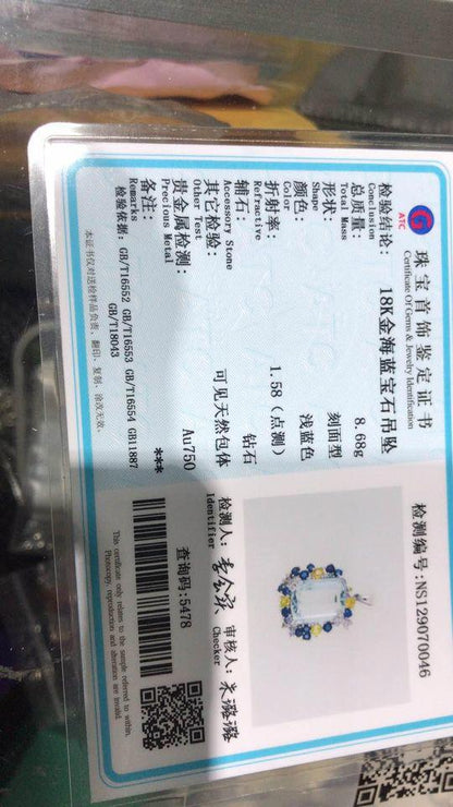 18k gold 12.15ct aquamarine with diamonds and sapphire pendant with certificate