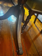Load image into Gallery viewer, 100 years antique tiger wood dining table with brass inlays 4 antique chairs
