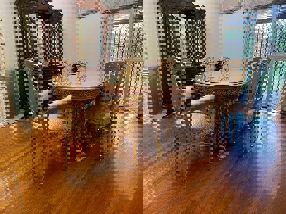 Antique white French dinning table with 6 matching chairs with glass top