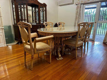 Load image into Gallery viewer, Antique white French dinning table with 6 matching chairs with glass top
