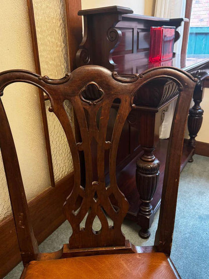 Vintage Dinning table extendable $150 with 6 refurbished leather chairs $100 each