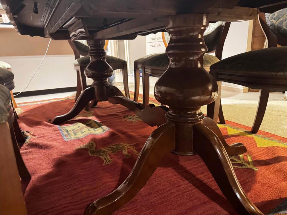 Elegant Vintage Dining Table with Intricate Inlay with 8 large chairs