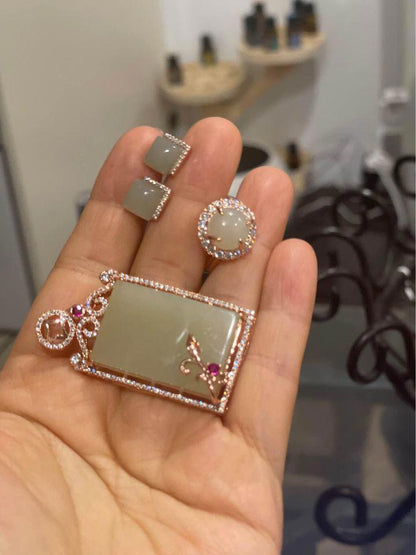 Matching Jade pendant earrings and ring set rose gold plated in silver brand new gift present