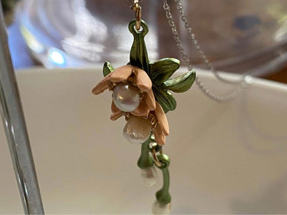 Handmade Women Lily Bell orchid Cultured Pearl Vintage Bracelets& pendent