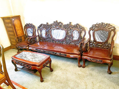 Antique Qing Dynasty 150 years old Sofa Set  Hand-Carved Rosewood & Marble