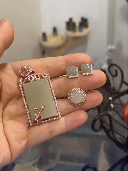 Matching Jade pendant earrings and ring set rose gold plated in silver brand new gift present