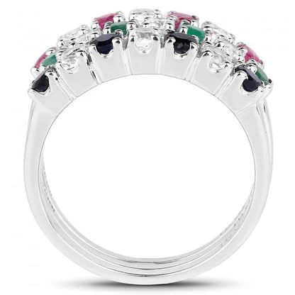 Ravishing Ladies Sterling Silver Sapphire Emerald Ruby and Topaz Size 6 Designer Ring