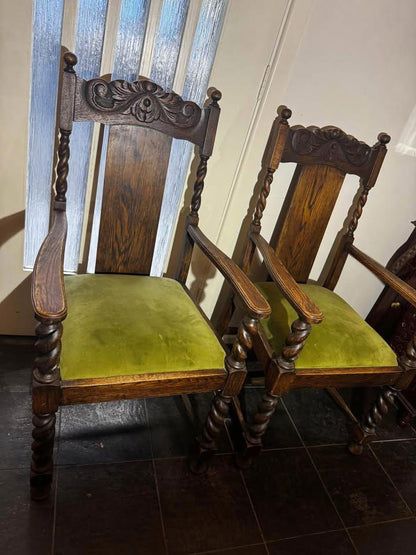 A pair of Antique solid timber chair excellent condition green velvet