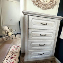 Load image into Gallery viewer, White antique style French cabinet tall boy chest of drawers full length mirror bedside tables
