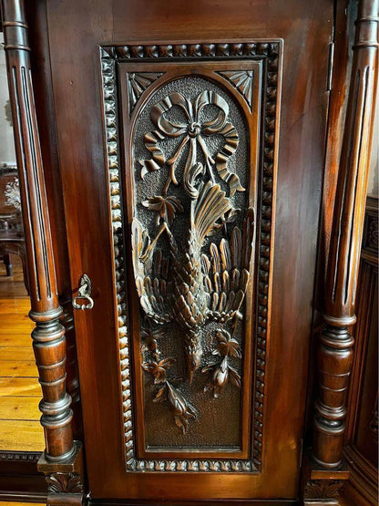 Impressive very large antique wall unit display cabinet mahogany 330x200x60cm hand carved