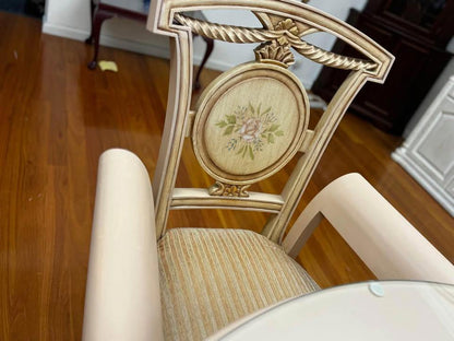 Antique white French dinning table with 6 matching chairs with glass top