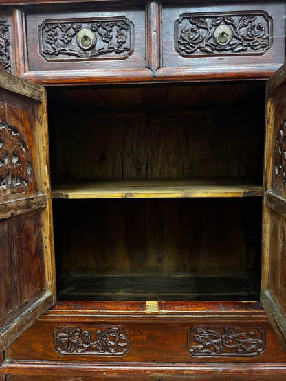 Antique Chinese Carved Wooden Cabinet with Floral Design