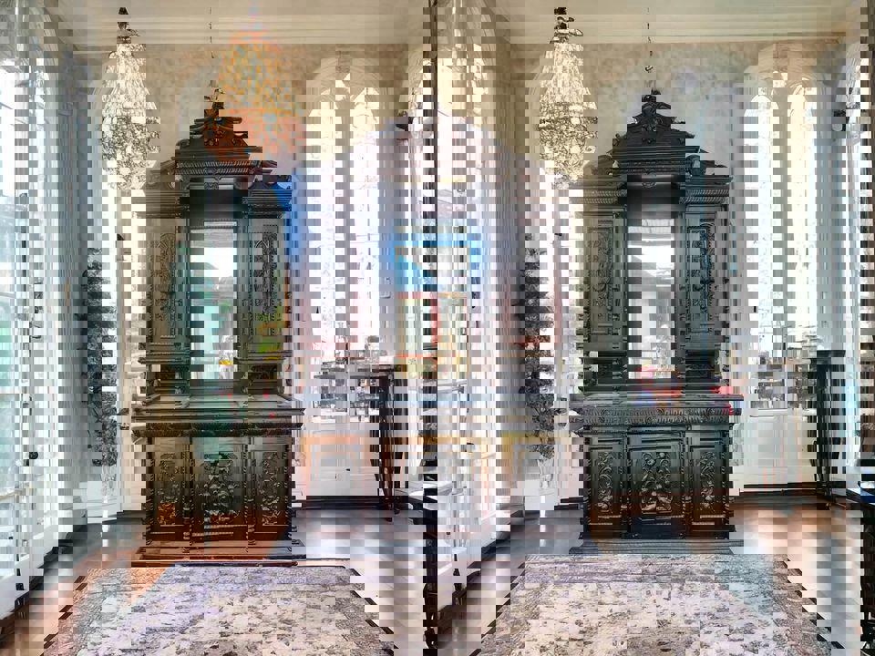 Impressive very large antique wall unit display cabinet mahogany 330x200x60cm hand carved