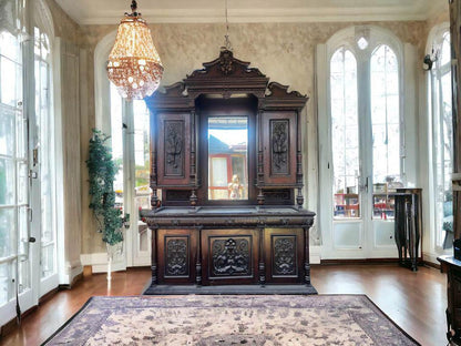 Impressive very large antique wall unit display cabinet mahogany 330x200x60cm hand carved