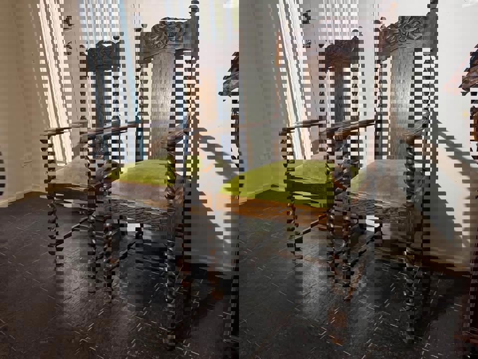 A pair of Antique solid timber chair excellent condition green velvet