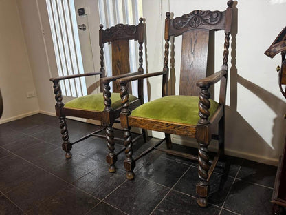 A pair of Antique solid timber chair excellent condition green velvet