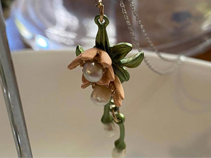 Handmade Women Lily Bell orchid Cultured Pearl Vintage Bracelets& pendent