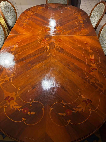 Elegant Vintage Dining Table with Intricate Inlay with 8 large chairs