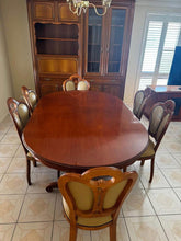Load image into Gallery viewer, (200+50)x118x80h cm vintage dinner table with 6 matching leather chairs perfect
