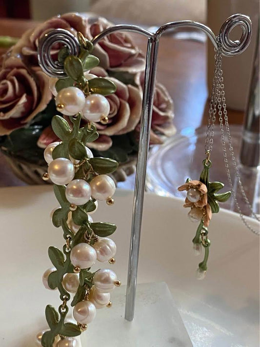 Handmade Women Lily Bell orchid Cultured Pearl Vintage Bracelets& pendent