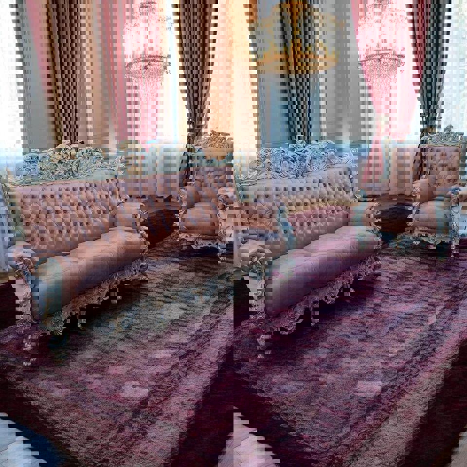 Solid timber pink cow leather sofa set matching coffee French antique style made in Italy 7 seats