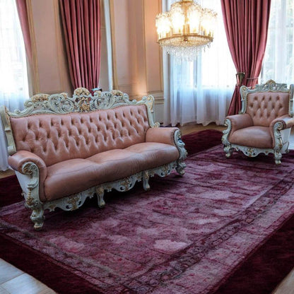 Solid timber pink cow leather sofa set matching coffee French antique style made in Italy 7 seats