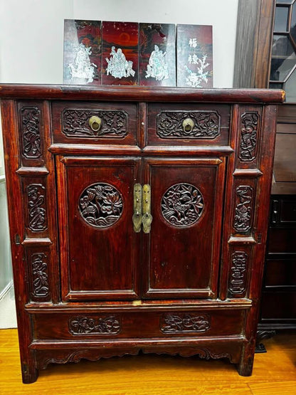Antique Chinese Carved Wooden Cabinet with Floral Design