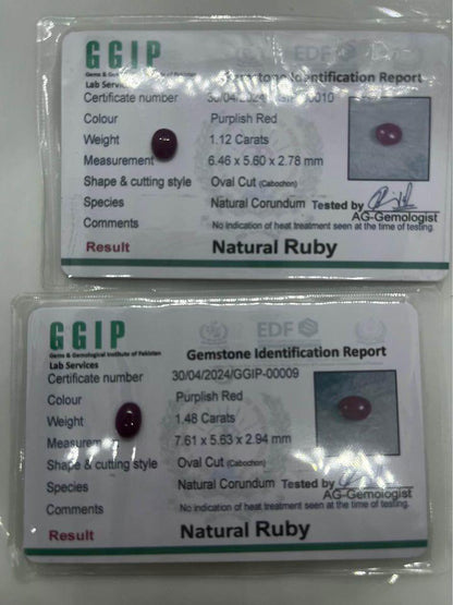 1.12 Ct and 1.48 Ct  natural ruby from Kashmir region Purplish red with certif
