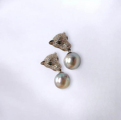 S925 Leopard Heads Tahitian Pearl Earrings with certificate