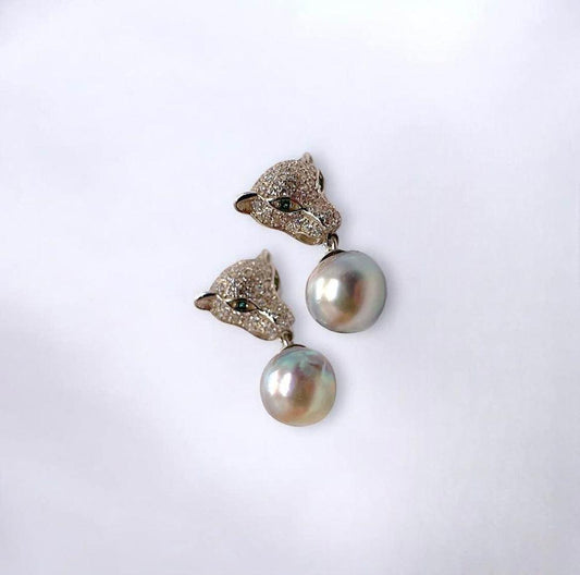 S925 Leopard Heads Tahitian Pearl Earrings with certificate