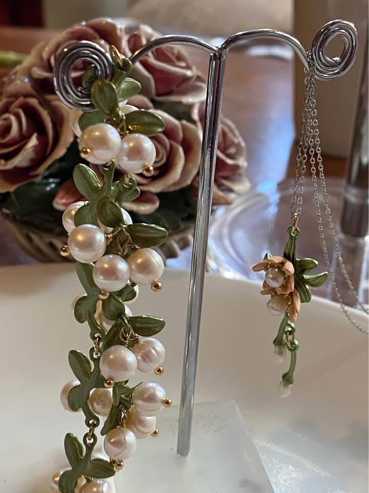 Handmade Women Lily Bell orchid Cultured Pearl Vintage Bracelets& pendent