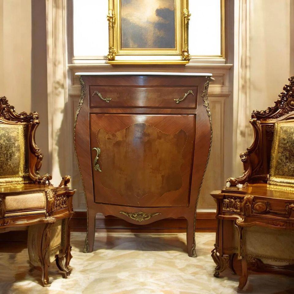 Louis XV Elegance: Mahogany Cabinet with Marble Top & Brass Accents reproduction