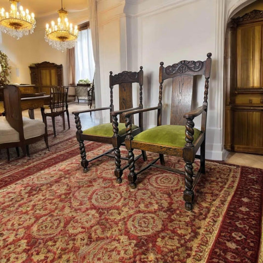 A pair of Antique solid timber chair excellent condition green velvet